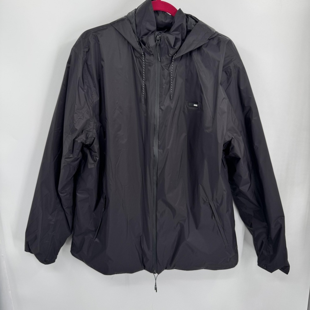 Rains Padded Nylon Coat Mens Large Black Hooded Waterproof Rain Jacket Outerwear